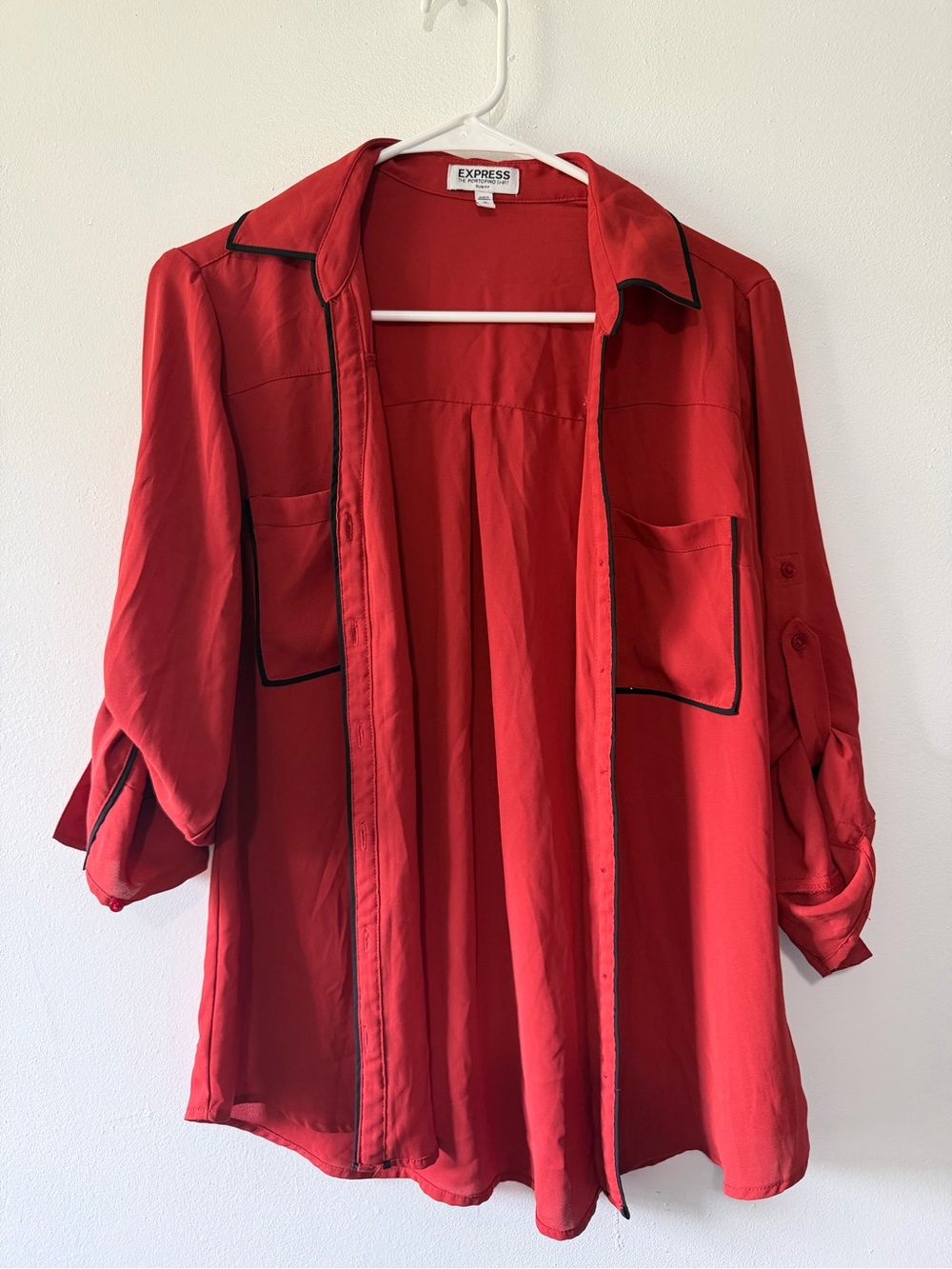 Express Red Button-Front Shirt with Black Piping